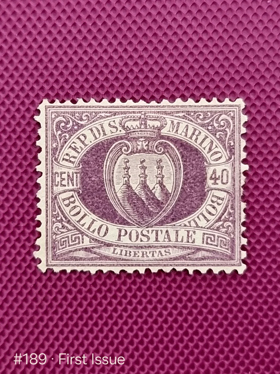First postage stamp of San Marino, 1 Aug 1877