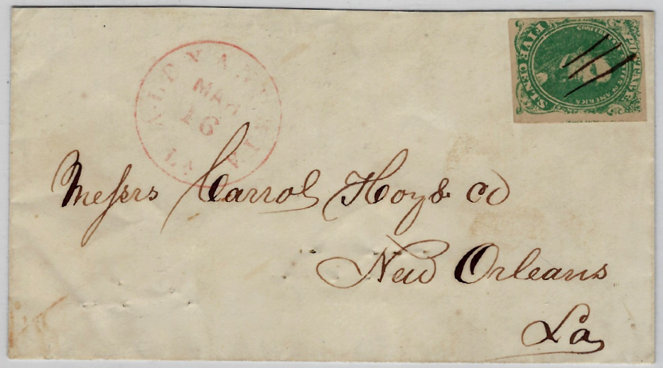 Jefferson Davis 5c green white flaw above F of Five — Front