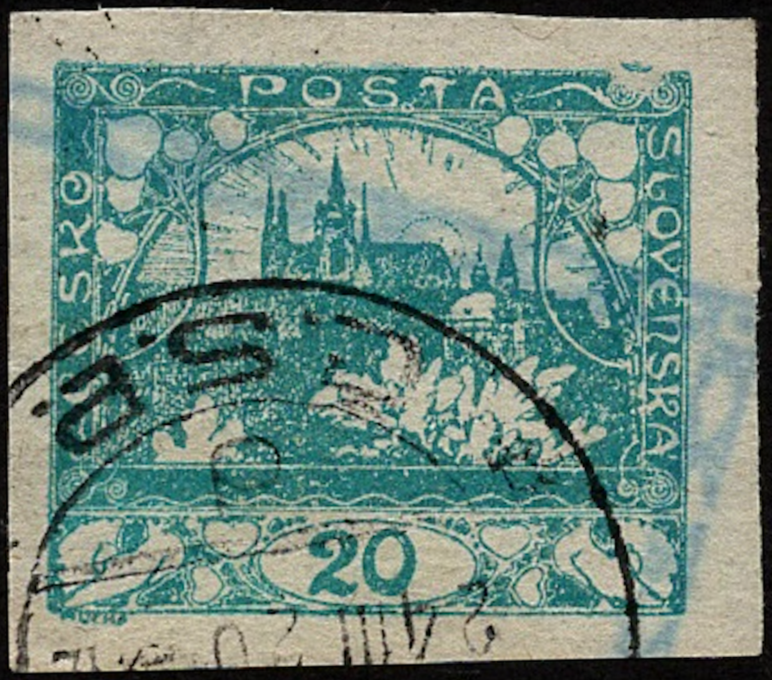 Hradčany Castle 20h turquoise-blue with double-print — Front